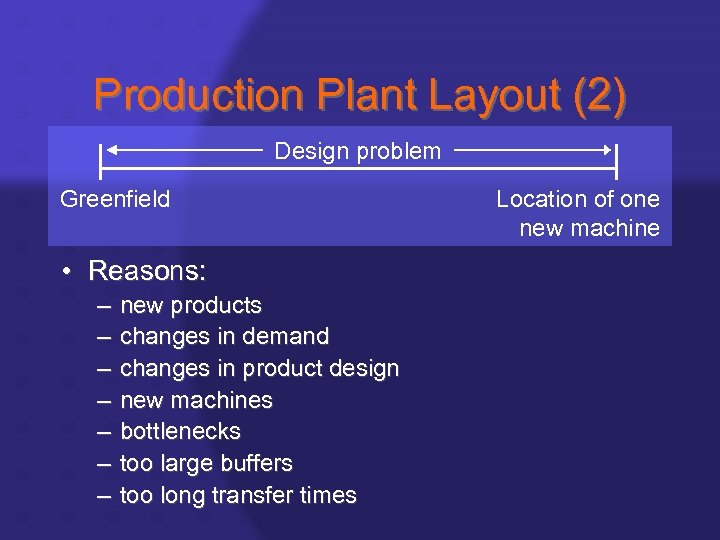 Production Plant Layout (2) Design problem Greenfield • Reasons: – – – – new