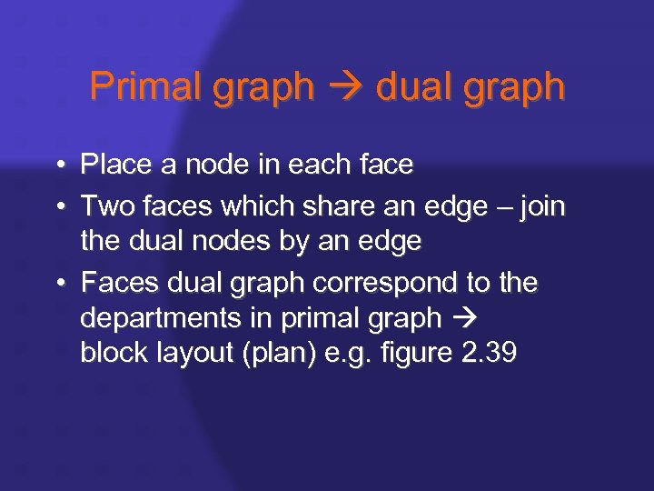 Primal graph dual graph • Place a node in each face • Two faces