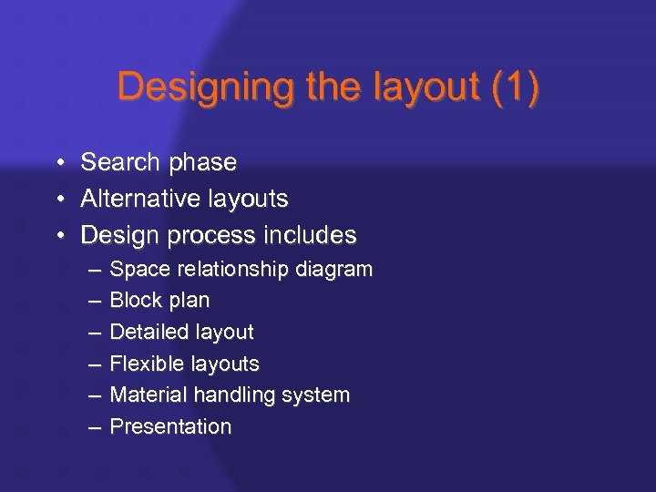 Designing the layout (1) • • • Search phase Alternative layouts Design process includes