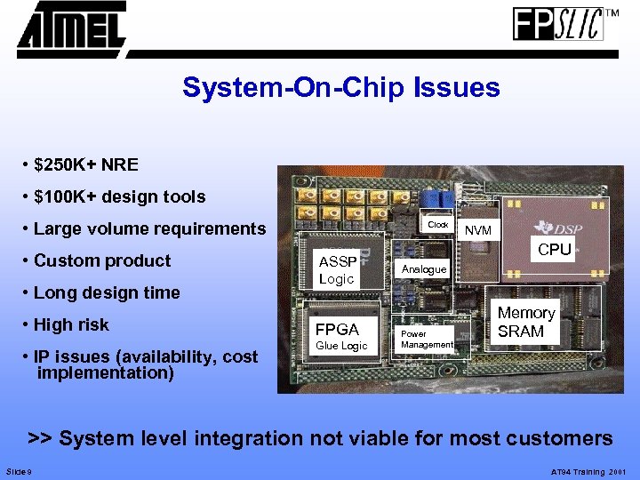 System-On-Chip Issues • $250 K+ NRE • $100 K+ design tools • Large volume
