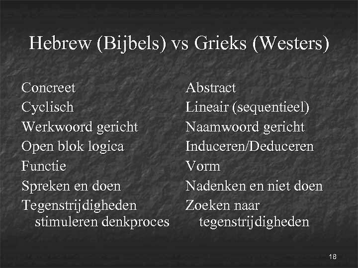 Hebrew (Bijbels) vs Grieks (Westers) Concreet Abstract Cyclisch Lineair (sequentieel) Werkwoord gericht Naamwoord gericht