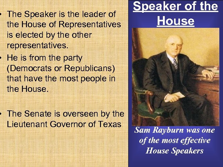  • The Speaker is the leader of the House of Representatives is elected