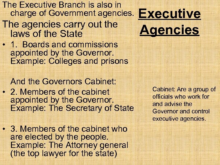 The Executive Branch is also in charge of Government agencies. The agencies carry out