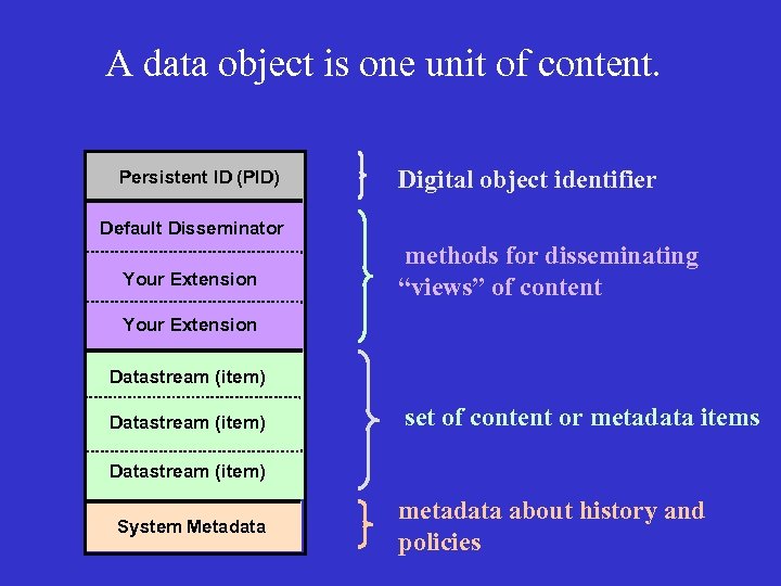 A data object is one unit of content. Persistent ID (PID) Digital object identifier