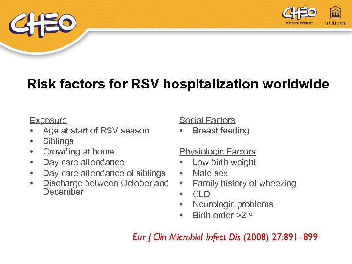 Risk factors for RSV hospitalization worldwide Exposure • Age at start of RSV season