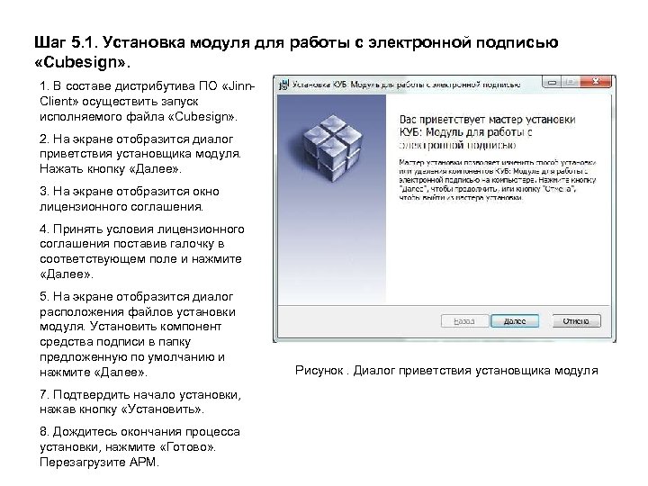 Шаг 5. 1. Установка модуля для работы с электронной подписью «Cubesign» . 1. В