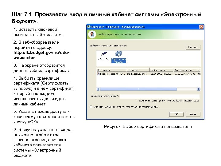 Шаг 7. 1. Произвести вход в личный кабинет системы «Электронный бюджет» . 1. Вставить
