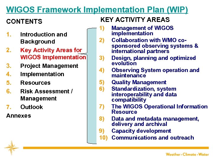 WIGOS Framework Implementation Plan (WIP) CONTENTS 1. Introduction and Background 2. Key Activity Areas
