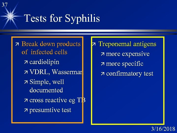 37 Tests for Syphilis ä Break down products of infected cells ä cardiolipin ä