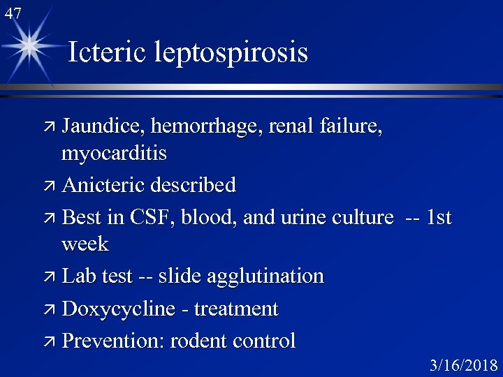 47 Icteric leptospirosis ä Jaundice, hemorrhage, renal failure, myocarditis ä Anicteric described ä Best