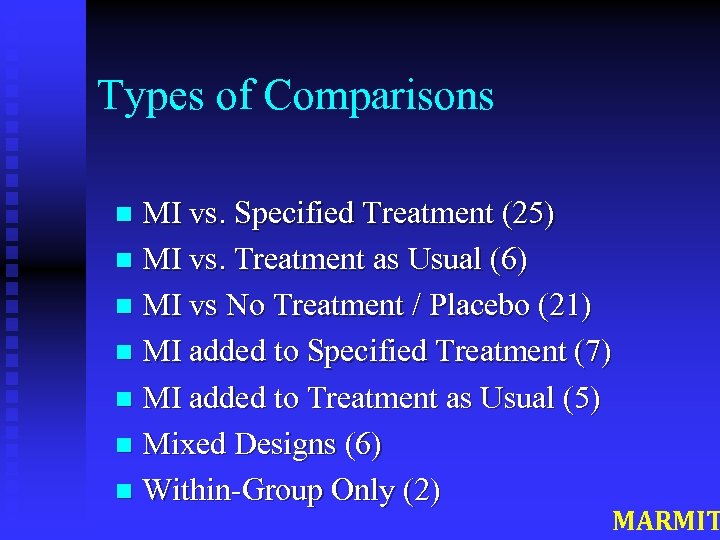 Types of Comparisons MI vs. Specified Treatment (25) n MI vs. Treatment as Usual