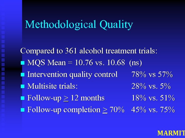 Methodological Quality Compared to 361 alcohol treatment trials: n MQS Mean = 10. 76