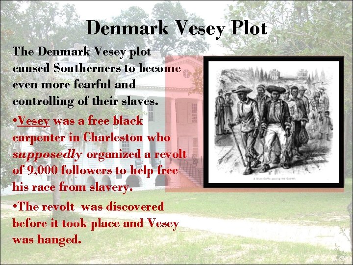Denmark Vesey Plot The Denmark Vesey plot caused Southerners to become even more fearful
