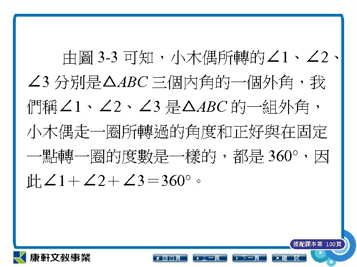 由圖 3 -3 可知，小木偶所轉的∠ 1、∠ 2、 ∠ 3 分別是△ABC 三個內角的一個外角，我 們稱∠ 1、∠ 2、∠ 3