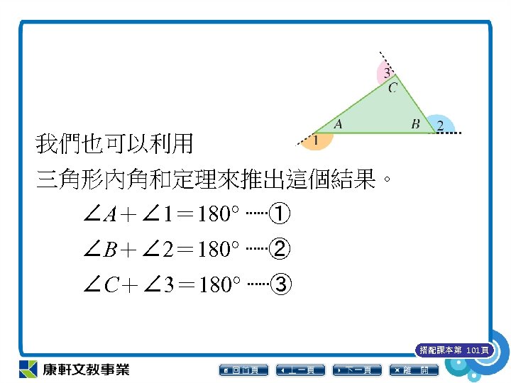 我們也可以利用 三角形內角和定理來推出這個結果。 　　∠A＋∠ 1＝ 180° ⋯⋯① 　　∠B＋∠ 2＝ 180° ⋯⋯② 　　∠C＋∠ 3＝ 180° ⋯⋯③