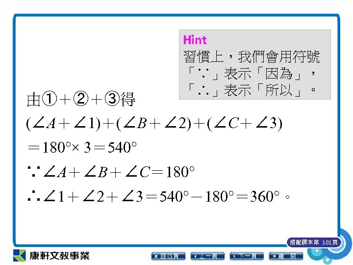 由①＋②＋③得 Hint 習慣上，我們會用符號 「∵」表示「因為」， 「∴」表示「所以」。 (∠A＋∠ 1)＋(∠B＋∠ 2)＋(∠C＋∠ 3) ＝ 180°× 3＝ 540° ∵∠A＋∠B＋∠C＝