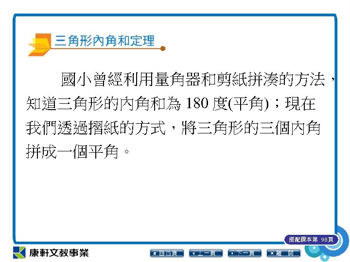 國小曾經利用量角器和剪紙拼湊的方法， 知道三角形的內角和為 180 度(平角)；現在 我們透過摺紙的方式，將三角形的三個內角 拼成一個平角。 搭配課本第 98頁 