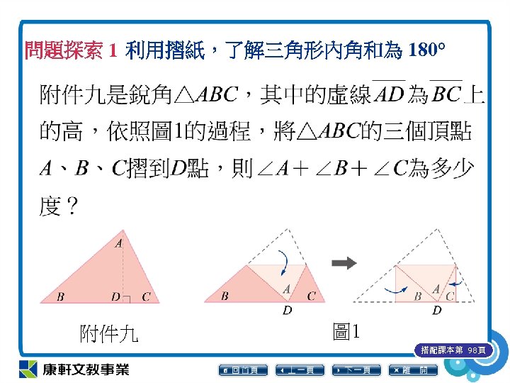 問題探索 1 利用摺紙，了解三角形內角和為 180° 附件九 圖 1 搭配課本第 98頁 