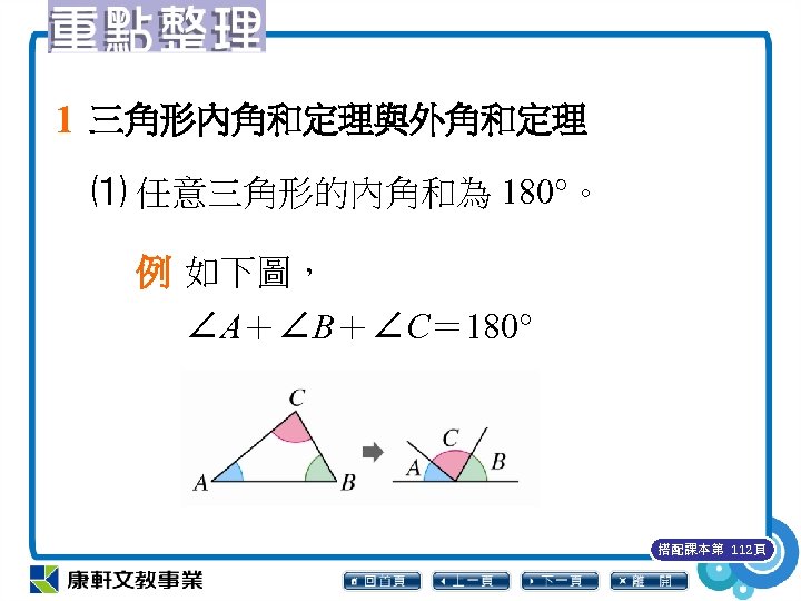 1 三角形內角和定理與外角和定理 ⑴ 任意三角形的內角和為 180°。 例 如下圖， ∠A＋∠B＋∠C＝ 180° 搭配課本第 112頁 