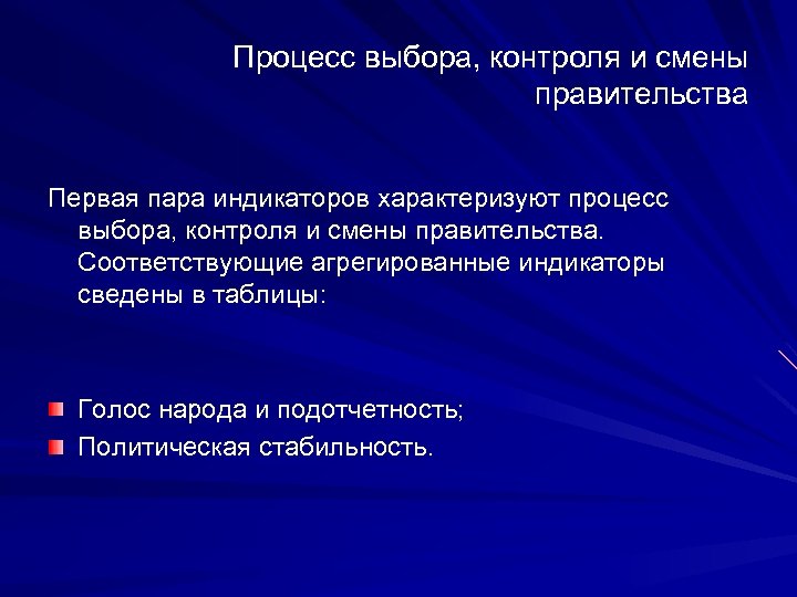 Процесс выбора, контроля и смены правительства Первая пара индикаторов характеризуют процесс выбора, контроля и