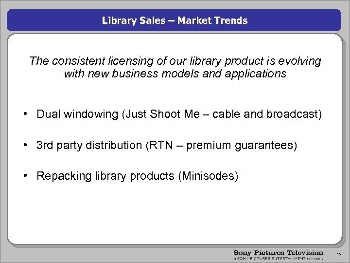 Library Sales – Market Trends The consistent licensing of our library product is evolving