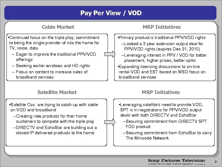 Pay Per View / VOD Cable Market • Continued focus on the triple play;