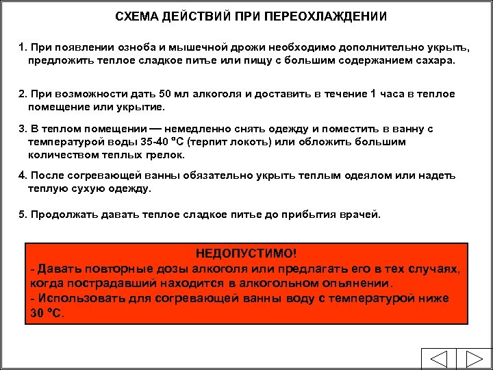 СХЕМА ДЕЙСТВИЙ ПРИ ПЕРЕОХЛАЖДЕНИИ 1. При появлении озноба и мышечной дрожи необходимо дополнительно укрыть,