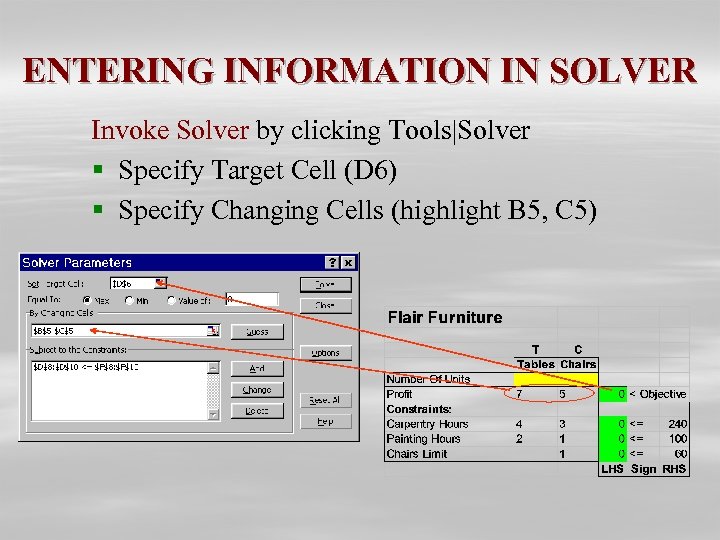 ENTERING INFORMATION IN SOLVER Invoke Solver by clicking Tools|Solver § Specify Target Cell (D