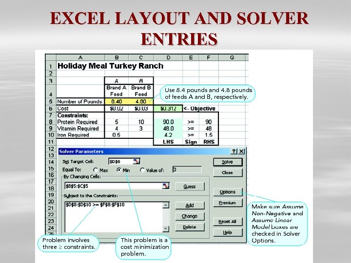 EXCEL LAYOUT AND SOLVER ENTRIES 