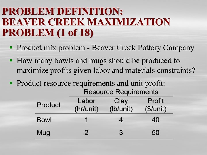 PROBLEM DEFINITION: BEAVER CREEK MAXIMIZATION PROBLEM (1 of 18) § Product mix problem -