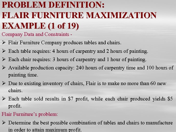 PROBLEM DEFINITION: FLAIR FURNITURE MAXIMIZATION EXAMPLE (1 of 19) Company Data and Constraints -