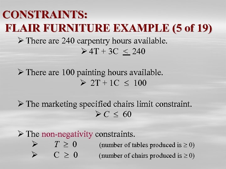 CONSTRAINTS: FLAIR FURNITURE EXAMPLE (5 of 19) Ø There are 240 carpentry hours available.