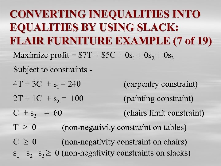 CONVERTING INEQUALITIES INTO EQUALITIES BY USING SLACK: FLAIR FURNITURE EXAMPLE (7 of 19) Maximize