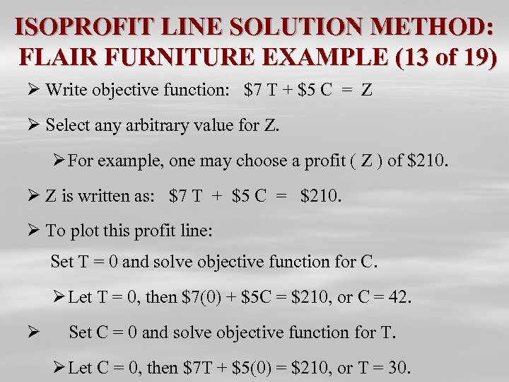 ISOPROFIT LINE SOLUTION METHOD: FLAIR FURNITURE EXAMPLE (13 of 19) Ø Write objective function: