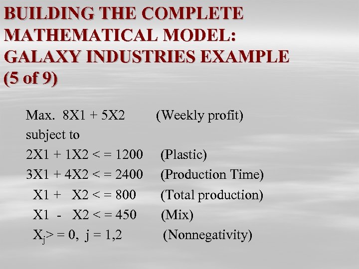 BUILDING THE COMPLETE MATHEMATICAL MODEL: GALAXY INDUSTRIES EXAMPLE (5 of 9) Max. 8 X
