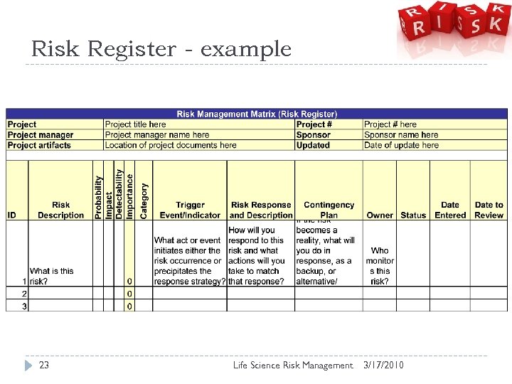 Risk Register - example 23 Life Science Risk Management 3/17/2010 