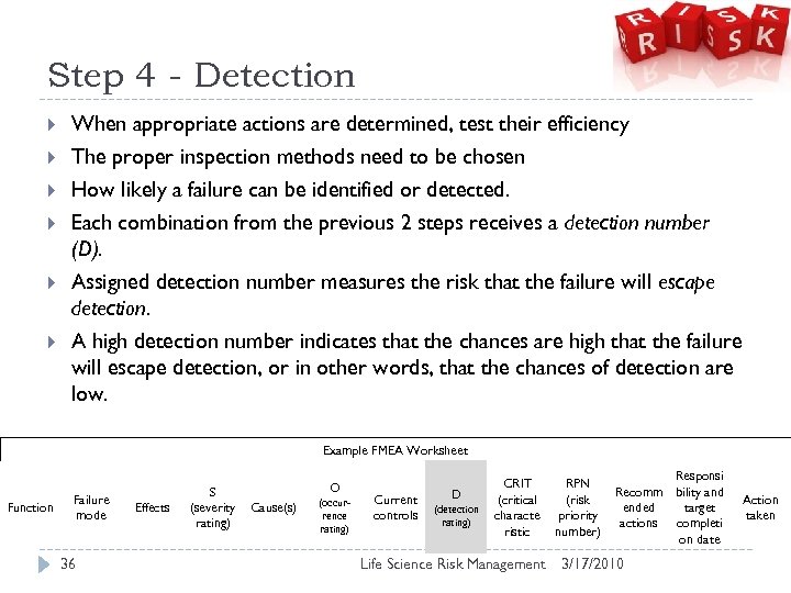 Step 4 - Detection When appropriate actions are determined, test their efficiency The proper