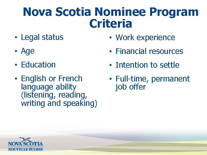 Nova Scotia Nominee Program Criteria • Legal status • Work experience • Age •