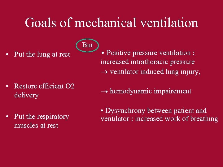 Goals of mechanical ventilation But • Put the lung at rest • Restore efficient