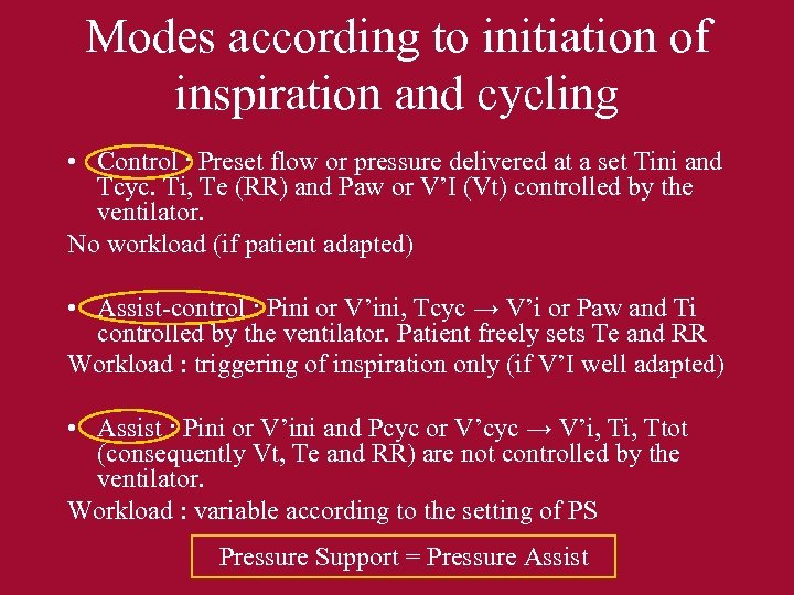 Modes according to initiation of inspiration and cycling • Control : Preset flow or