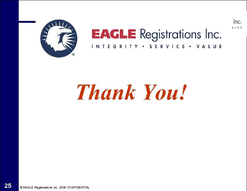 Thank You! 25 © EAGLE Registrations Inc. 2008 CONFIDENTIAL 