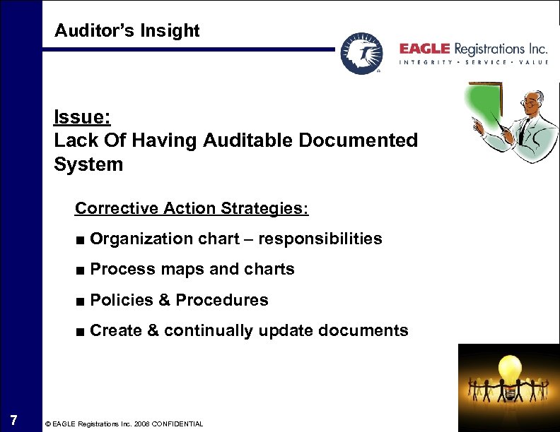 Auditor’s Insight Issue: Lack Of Having Auditable Documented System Corrective Action Strategies: ■ Organization