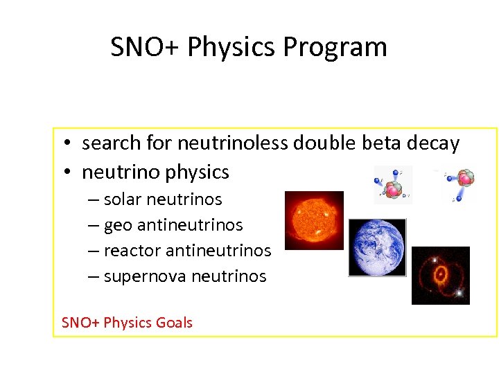 SNO+ Physics Program • search for neutrinoless double beta decay • neutrino physics –