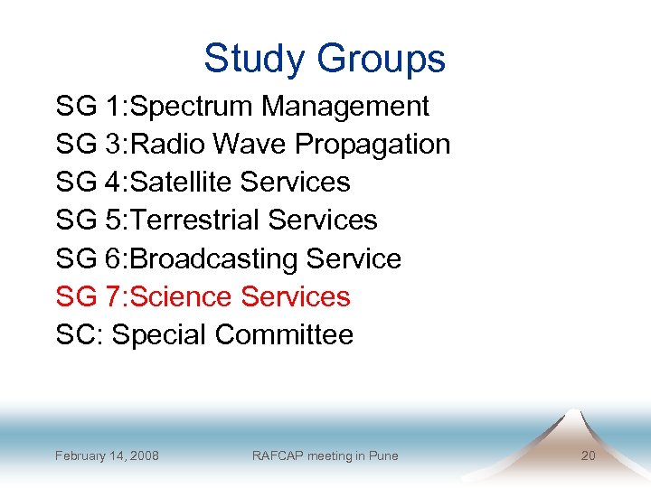 Study Groups SG 1: Spectrum Management SG 3: Radio Wave Propagation SG 4: Satellite