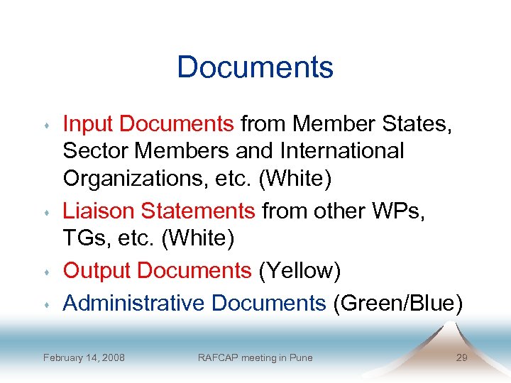 Documents s s Input Documents from Member States, Sector Members and International Organizations, etc.