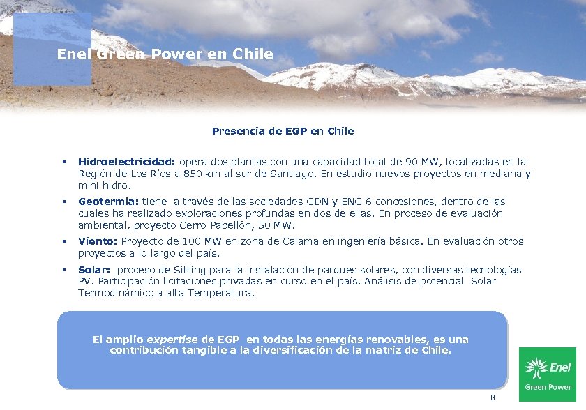 Uso: Riservato aziendale Enel Green Power en Chile Presencia de EGP en Chile §