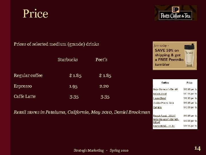 Prices of selected medium (grande) drinks Starbucks Peet's Regular coffee $ 1. 85 Espresso