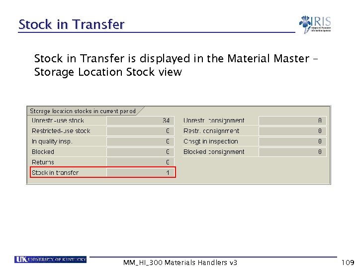 Stock in Transfer is displayed in the Material Master – Storage Location Stock view