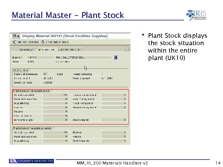 Material Master - Plant Stock • Plant Stock displays the stock situation within the