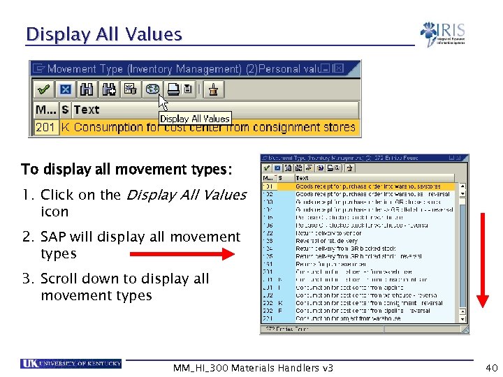 Display All Values To display all movement types: 1. Click on the Display All